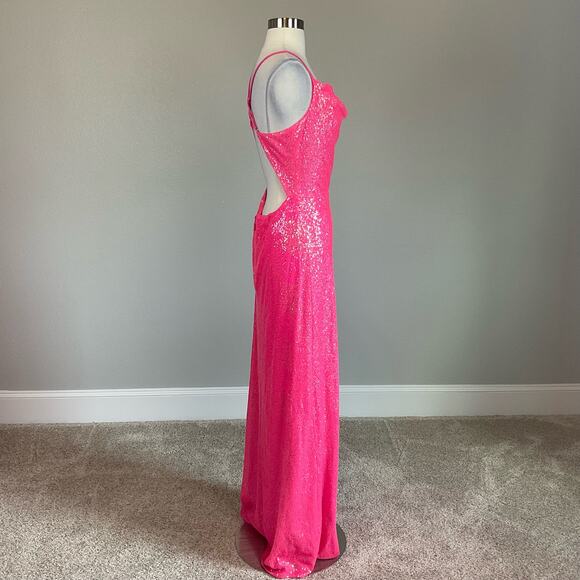 Pink Sequined Backless Evening Gown Size 18 Sleeveless Thigh Slit Formal by AQUA - Picture 5 of 11